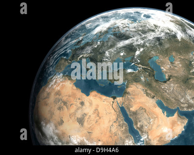 Globale Sicht der Erde über Europa, Nahost und Nordafrika. Stockfoto