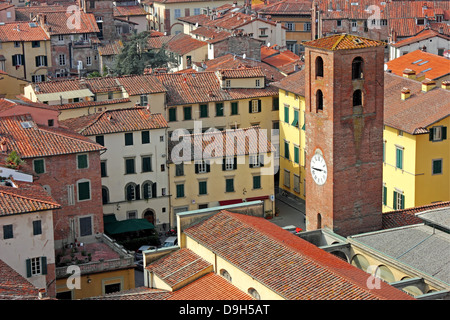 Blick auf die Altstadt von Lucca in Italien, mit einem alten Uhrturm und die engen Gassen. Stockfoto