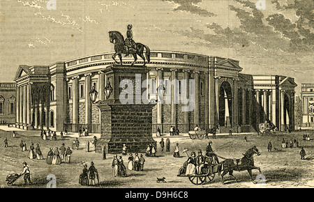 1854-Gravur, Statue von Wilhelm III. am Trinity College in Dublin, Irland. Das College wurde im Jahre 1592 gegründet. Stockfoto