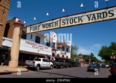Eingang zum Fort Worth Stockyards auf Exchange St, Fort Worth, Texas, Vereinigte Staaten von Amerika Stockfoto