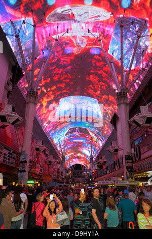 Las Vegas Nevada, Downtown, Fremont Street Experience, Fußgängerzone, Nachtabend, Neonschilder, Viva Vision Baldachin, Lichtshow, Publikum, NV130329166 Stockfoto