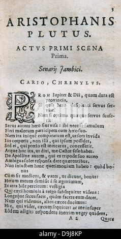 Aristophanes (ca. 446 v. Chr. – ca. 386 v. Chr.). Comic-Dramatiker des antiken Athens. 'Plutus' Faust in 408 BC produziert. Ausgabe in Leiden, Stockfoto