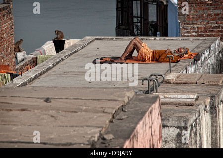 Sadhu schlafen auf einer Dachterrasse, Varanasi, Benares, Uttar Pradesh, Indien Stockfoto