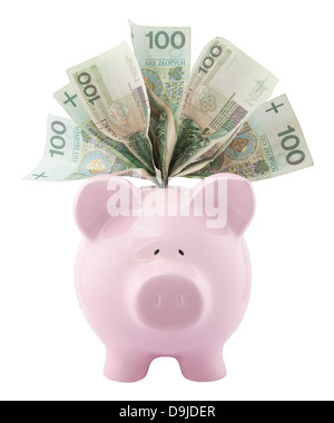 Sparschwein mit polnischen Geld. Clipping-Pfad enthalten. Stockfoto