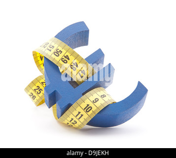 Blaue Eurozeichen mit Maßband Stockfoto