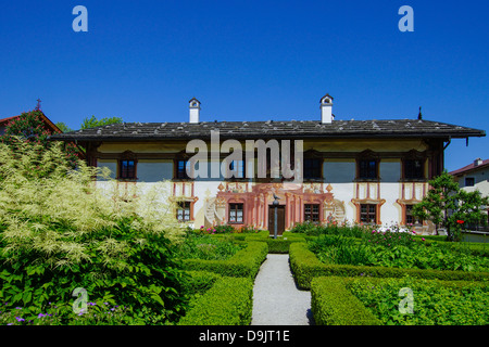 Lueftlmalerei, traditionell bemalten Gebäude Fassade, Pilatus Haus, Oberammergau, Upper Bavaria, Bayern, Deutschland, Europa Stockfoto