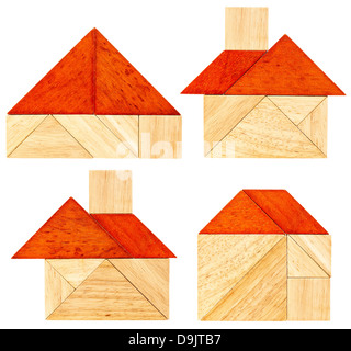 vier abstrakte Bilder von einem Haus mit rotem Dach aus sieben Tangram Holzteile, ein traditionelles chinesisches Puzzlespiel gebaut Stockfoto