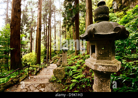 Wanderweg zum Yamadera Berg Tempel in Yamagata, Japan. Stockfoto