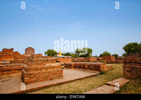 Ruinen mit Stupa im Hintergrund, Sarnath, Varanasi, Uttar Pradesh, Indien Stockfoto