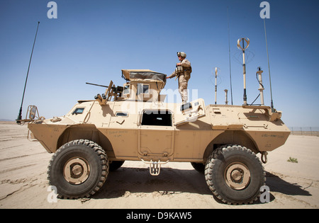 Ein Berater des US Marine Corps steht auf einem M1117 gepanzerte Fahrzeug, Afghan National Army Spezialoperationen Kraft Kandak Verhalten beobachten eine live-Feuer-Übung 20. Mai 2013 in der Nähe von Camp Shorabak, Provinz Helmand, Afghanistan. Stockfoto