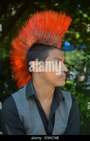 Junger Mann mit einem bunten Mohawk Haarschnitt am Union Square Park in New York City Stockfoto