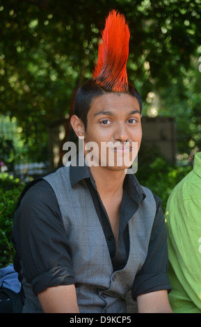 Porträt eines jungen Mannes mit einem bunten Mohawk Haarschnitt am Union Square Park in New York City Stockfoto