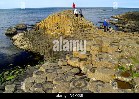 Menschen stehen auf der sechseckigen Basaltsäulen des Giant's Causeway, Nordirland Stockfoto