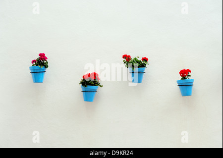 Mijas Hügel Stadt Spanien 4 Töpfe mit Blumen auf einer Café-Wand Stockfoto