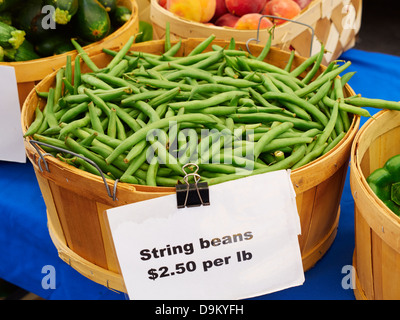 Frisch gepflückten grünen Bohnen zum Verkauf auf einem Bauernmarkt in Bluffton, South Carolina Stockfoto