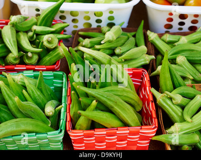 Frisch gepflückt Okra zum Verkauf auf einem Bauernmarkt in Bluffton, South Carolina Stockfoto