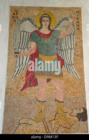 Christliches Symbol am Kloster St. Michael Panormitis, Symi (Simi), Rhodos-Region, der Dodekanes, Süd Ägäis, Griechenland Stockfoto