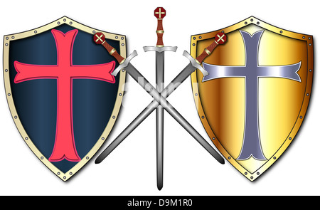 Zwei verschiedene Crusader Schilde und drei Schwerter Stockfoto