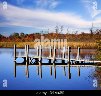 Eine Bootsanlegestelle und Teich im Herbst, südlichen Michigan, USA Stockfoto