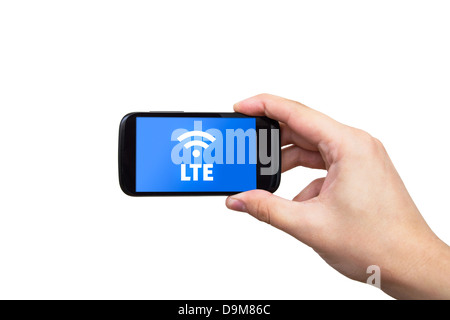 LTE high-Speed mobile Internet-Verbindung. Hand, die Zelle mit Daten-streaming Stockfoto