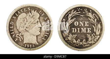 1913 Liberty Barber Dime zehn Cent US Münze beidseitig isoliert auf weiss Stockfoto