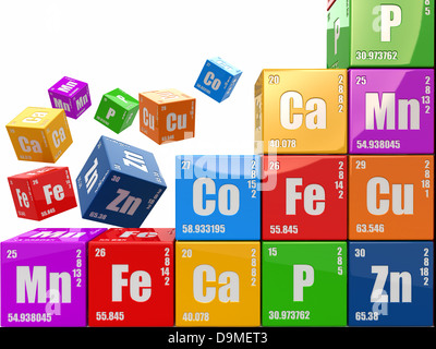 Chemie-Konzept. Wand aus Würfel laut Periodensystem der Elemente. 3D Stockfoto