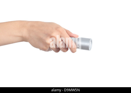 Frau Hand hielt eine elektrische Fackel isoliert auf weißem Hintergrund Stockfoto