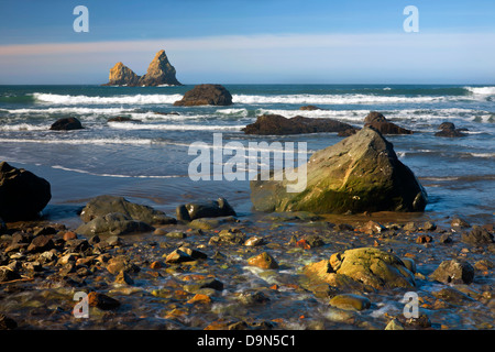 OREGON - kleiner Bach überqueren den Sand am Strand von Lone-Ranch am Rande des Pazifischen Ozeans in Samuel H. Boardman State Park. Stockfoto