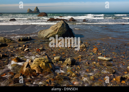 OREGON - kleiner Bach überqueren den Sand am Strand von Lone-Ranch am Rande des Pazifischen Ozeans in Samuel H. Boardman State Park. Stockfoto