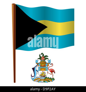 Bahamas wellig Flagge und Wappen auf weißen Hintergrund, Vektor-Illustration Kunst, enthält Bild Transparenz Stockfoto