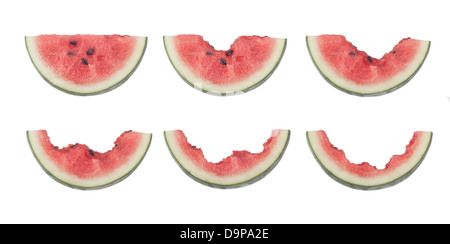 Verschiedenen Phasen von einer Scheibe Wassermelone gegessen isoliert auf weißem Hintergrund Stockfoto