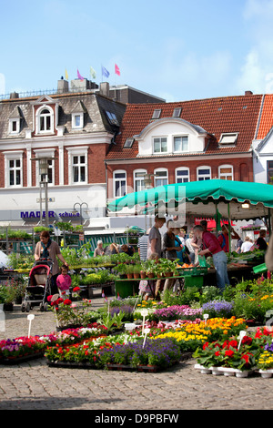 Marktplatz in der Hafenstadt Stadt Husum in Norddeutschland mit Menschen Stockfoto