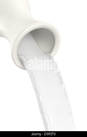 Milch fließt aus weißen Karaffe Stockfoto