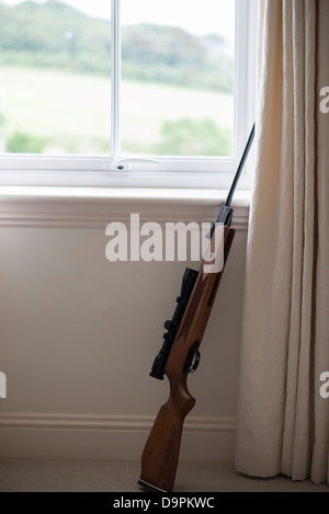 Ein Luftgewehr aufgestützt gegen ein Fenster cill Stockfoto