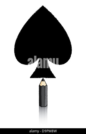 Black Pencil mit Reflexion Zeichnung Ace von Pik Spielkarte Icon Stockfoto