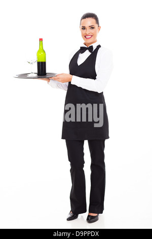 hübsche Kellnerin Sommelier mit Tablett mit Wein und Glas Stockfoto