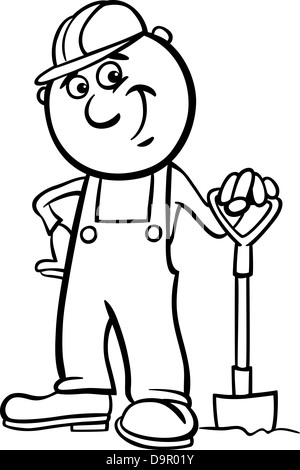Schwarz / Weiß Cartoon Illustration des Mannes oder Arbeiter mit Spaten oder Schaufel für Kinder Malbuch Stockfoto
