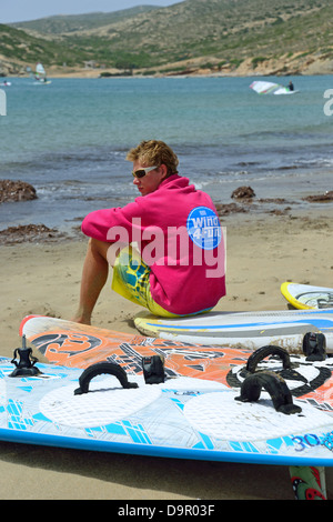 Windsurfen und Kiteboarden auf Sandbank, Prasonisi, Rhodos (Rodos), die Dodekanes, South Aegean Region, Griechenland Stockfoto