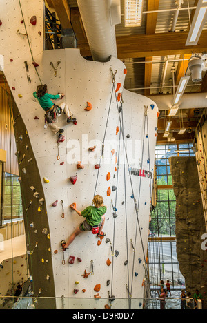 Kletterwand, Höhe Platz Freizeitzentrum, Canmore, Alberta, Kanada Stockfoto