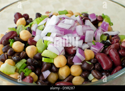 Schüssel mit Bohnensalat frisch zubereitet mit Kichererbsen, schwarzen Bohnen und Kidneybohnen. Garniert mit gehackten roten Zwiebeln. Pflanzlicher herzhafter Salat. Stockfoto
