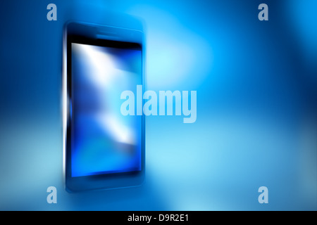 Schwarz Smartphone auf blau Unschärfe Hintergrund, Konzept, Template-design Stockfoto