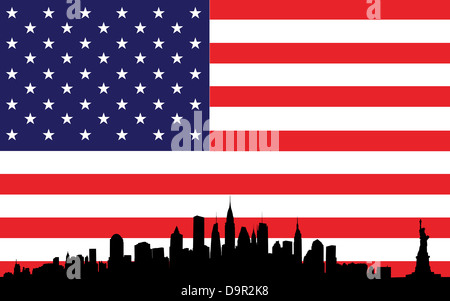 Vektor der Skyline über New York City auf dem Hintergrund der Flagge der Vereinigten Staaten von Amerika Stockfoto