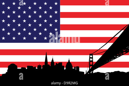 Vektor der Skyline von San Francisco auf dem Hintergrund der Flagge der Vereinigten Staaten von Amerika Stockfoto