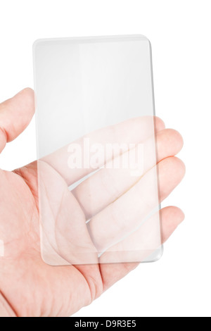 Transparente Mobile Smart Phone in Menschenhand, Technologie-Konzept Stockfoto