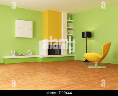 Moderner Kamin in einem orangefarbenen und grünen lebenden Raum - rendering Stockfoto