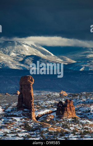 Windows mit der La Sal Mountains hinaus Arches-Nationalpark, Utah, USA Stockfoto