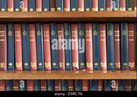 Reihen von Lied und Gebet Gottesdienst Bücher abwechselnd ordentlich Farbreihenfolge auf Eiche Regal Bücherregal Stockfoto