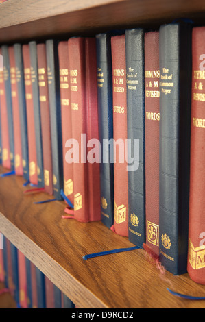 Reihen von Lied und Gebet Gottesdienst Bücher abwechselnd ordentlich Farbreihenfolge auf Eiche Regal Bücherregal Stockfoto