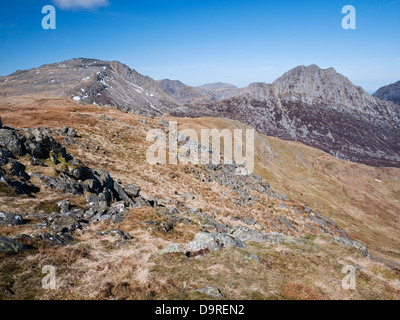 Die Berge von Glyder Fach und Tryfan betrachtet aus Y Foel Goch, im Snowdonia Y Glyderau Bereich Stockfoto