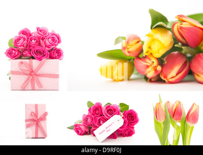 Collage aus Blumen und Geschenke Stockfoto